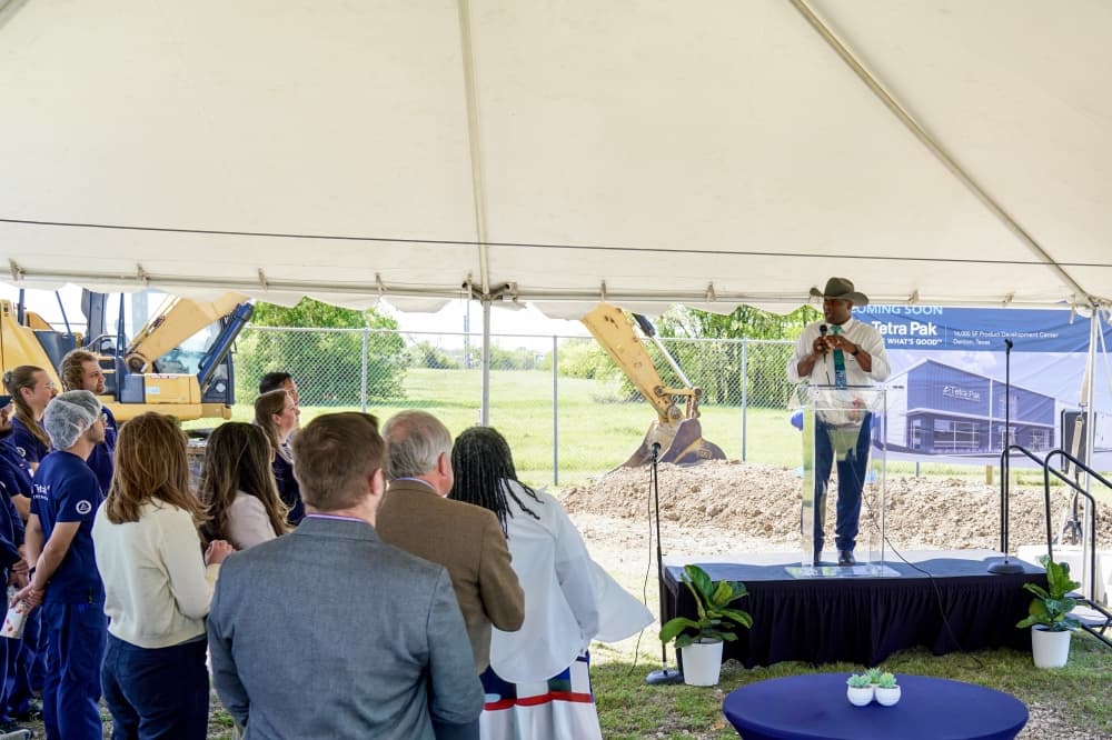 Denton Mayor Gerard Hudspeth spoke at the March 31 groundbreaking for Tetra Pak's new facility. (Courtesy Tetra Pak)