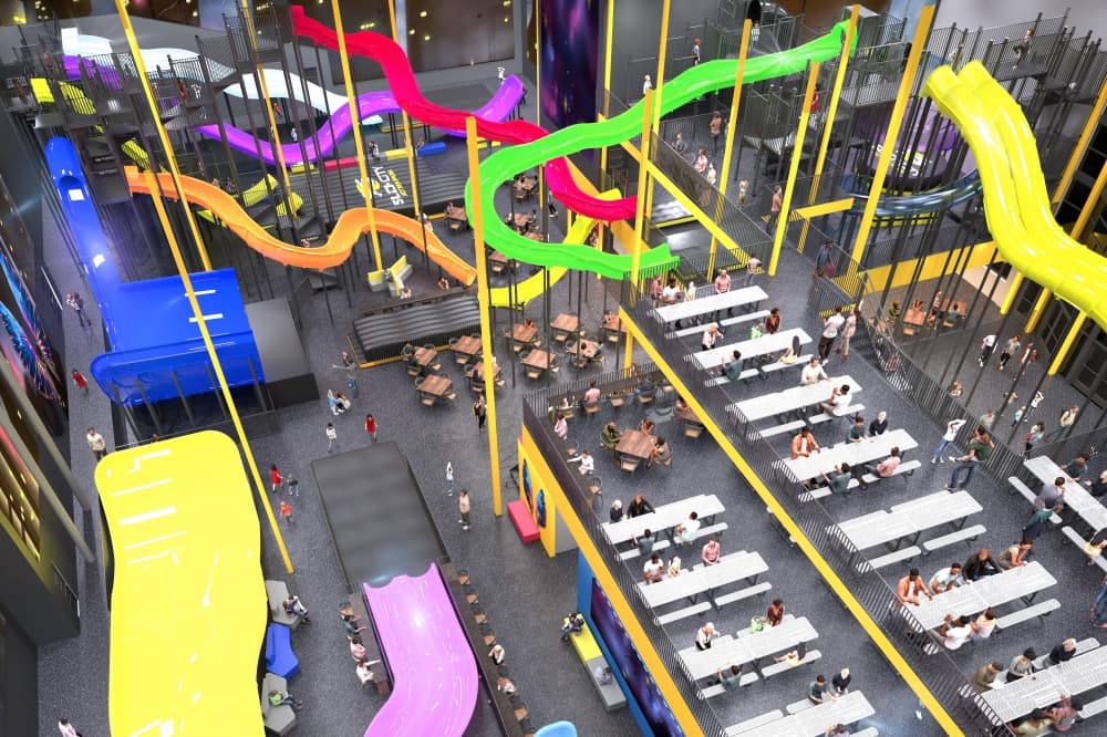 The nearly 40,000-square-foot facility will feature three stories of slides, towering 40-foot ceilings and 15 high-speed attractions. (Renderings courtesy Slick City)