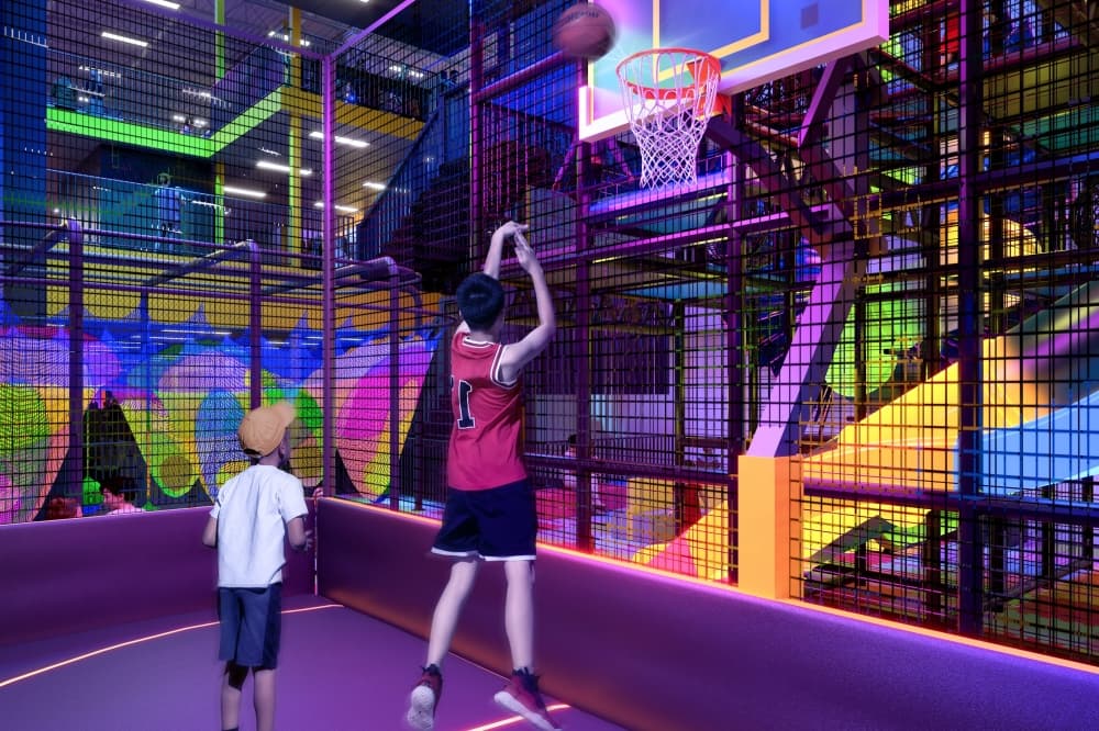 The action park will include an air track basketball and dodgeball courts, which are courts that have a padded flooring that also lets players bounce. (Renderings courtesy Slick City)