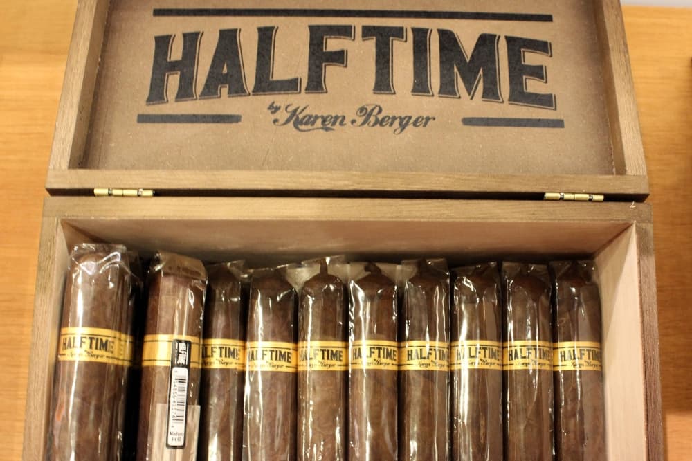 Box of cigars featuring Halftime Karen Berger branding. 