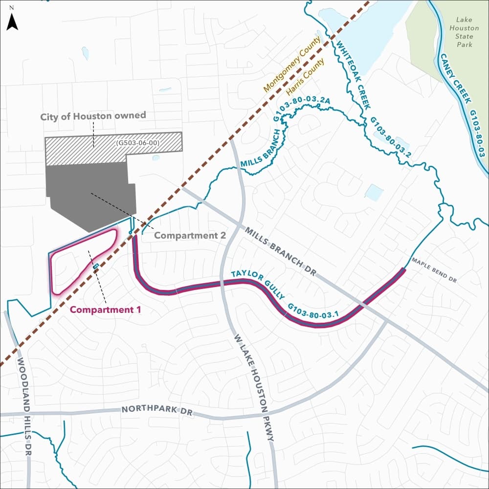A stormwater detention basin will be constructed on a 267-acre site located within the former Woodridge neighborhood development, which is located near Woodland Hills Drive and Northpark Drive in Montgomery County, per the HCFCD website. The land is jointly owned by the city of Houston and HCFCD. (Courtesy Harris County Flood Control District)