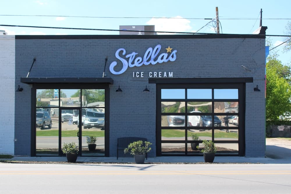Exterior of a building featuring Stella's Ice Cream signage. 