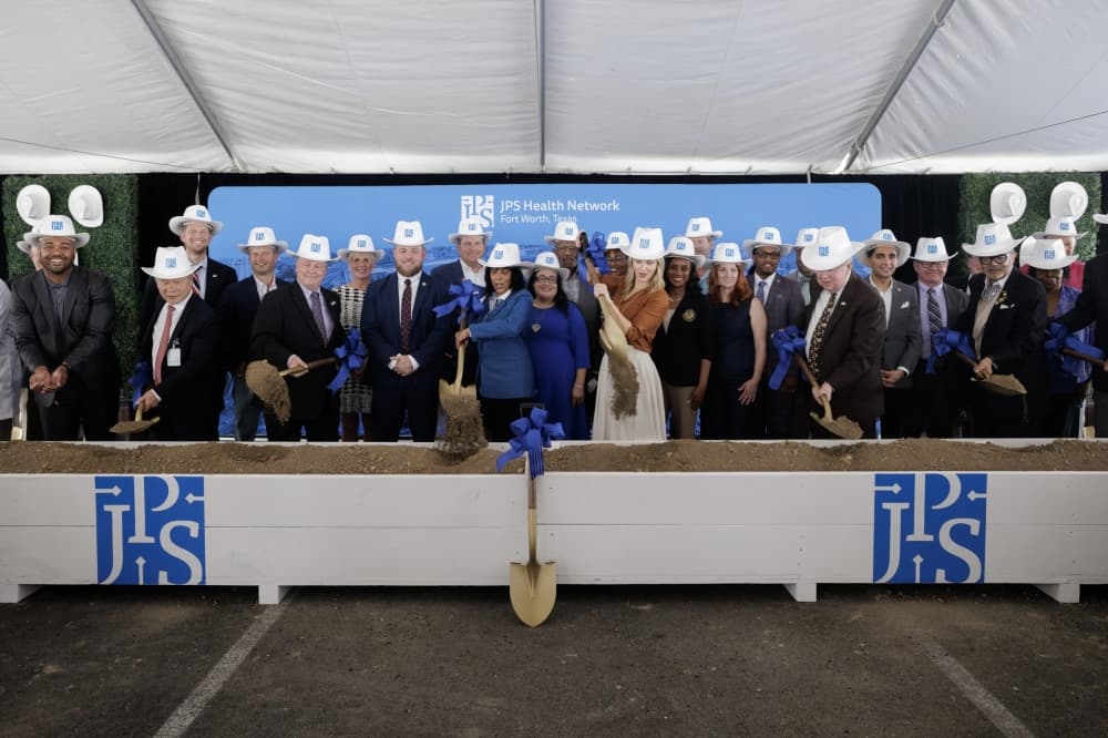 Fort Worth Mayor Mattie Parker (center), along with Tarrant County and JPS hospital officials broke ground on the new hospital April 16. (Courtesy JPS Health)