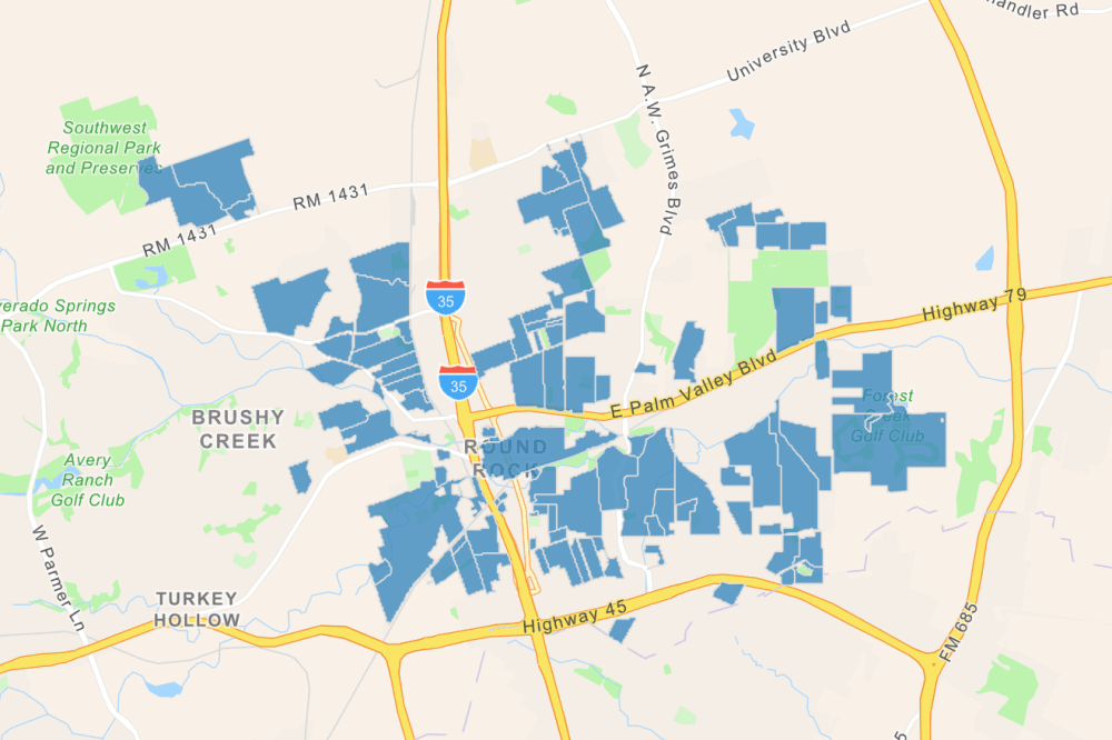 Screenshot of map of HOAs in Round Rock