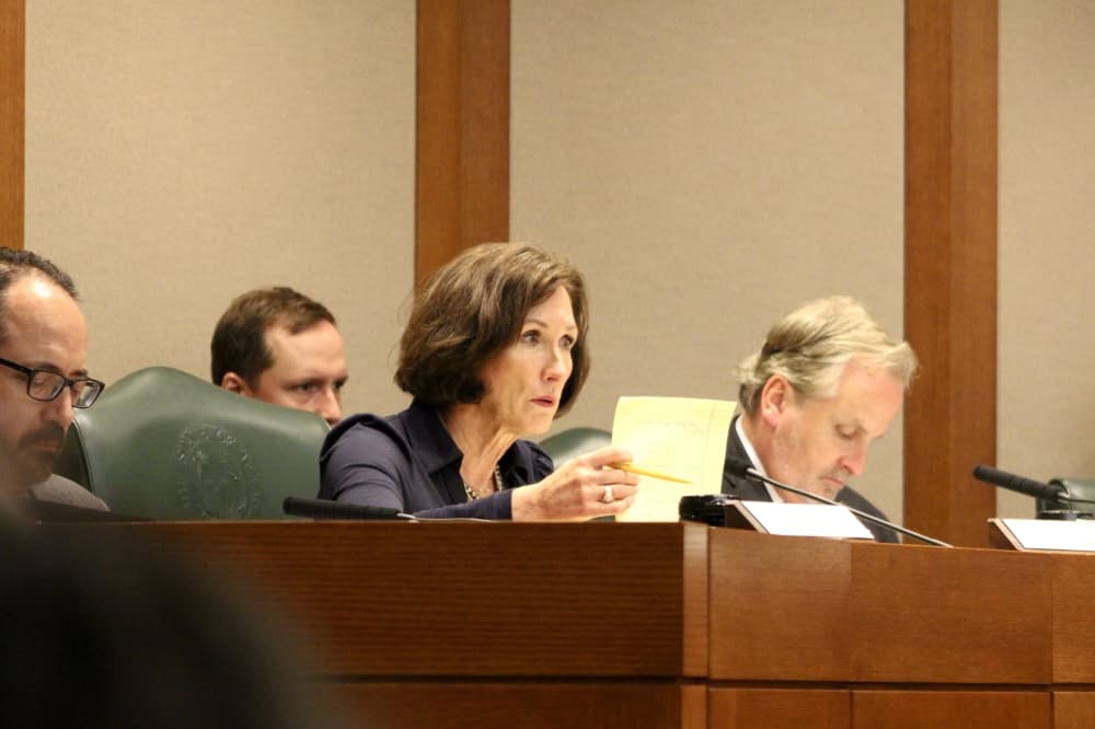 Sen. Lois Kolkorst, R-Brenham, asks questions of hired investigators during an April 27 hearing reviewing the July 4, 2025, flood at Camp Mystic. (Hannah Norton/Community Impact)