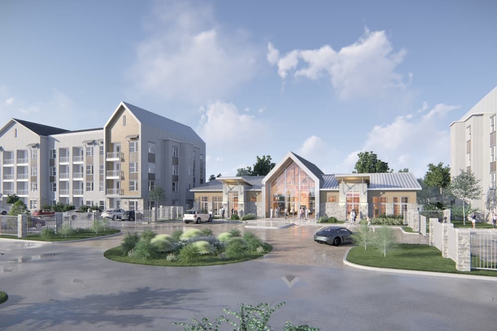 The site will also feature a modern farmhouse-style residential complex with 334 units by Pelican Builders Inc. (Rendering courtesy NewQuest)