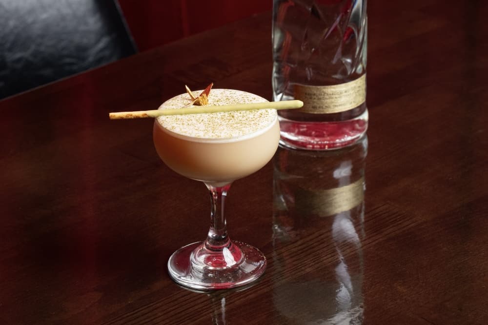 The matchata at Haji Moto is made with Haku vodka shaken with local horchata and vanilla syrup, topped with a dusting of matcha and a green tea Pocky stick. (Courtesy Haji Moto Ramen & Sake Bar)