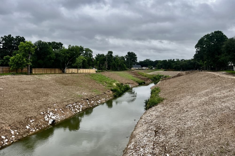 HCFCD officials said May 5 that they stabilized the slopes with riprap, or large rock that prevents future sliding and erosion. (Sarah Brager/Community Impact)