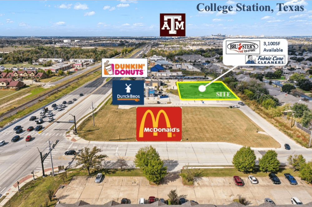 A three-unit strip center is planned for a patch of land behind Dutch Bros and Dunkin' in College Station. (Courtesy Landmark Advisors)