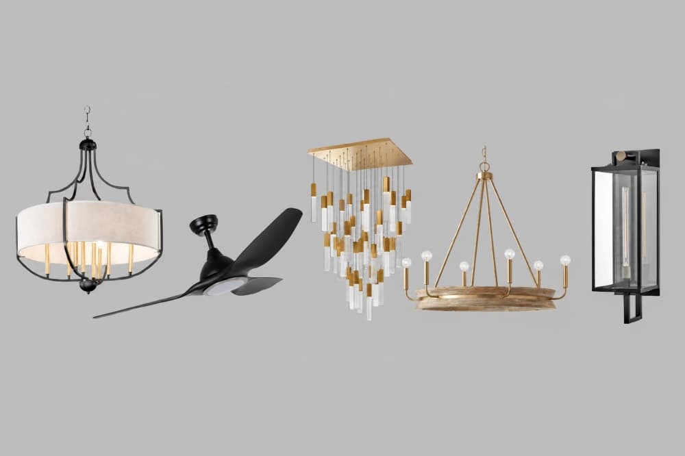 Product collage featuring a drum pendant, modern fan, tiered chandelier, and outdoor wall lantern.