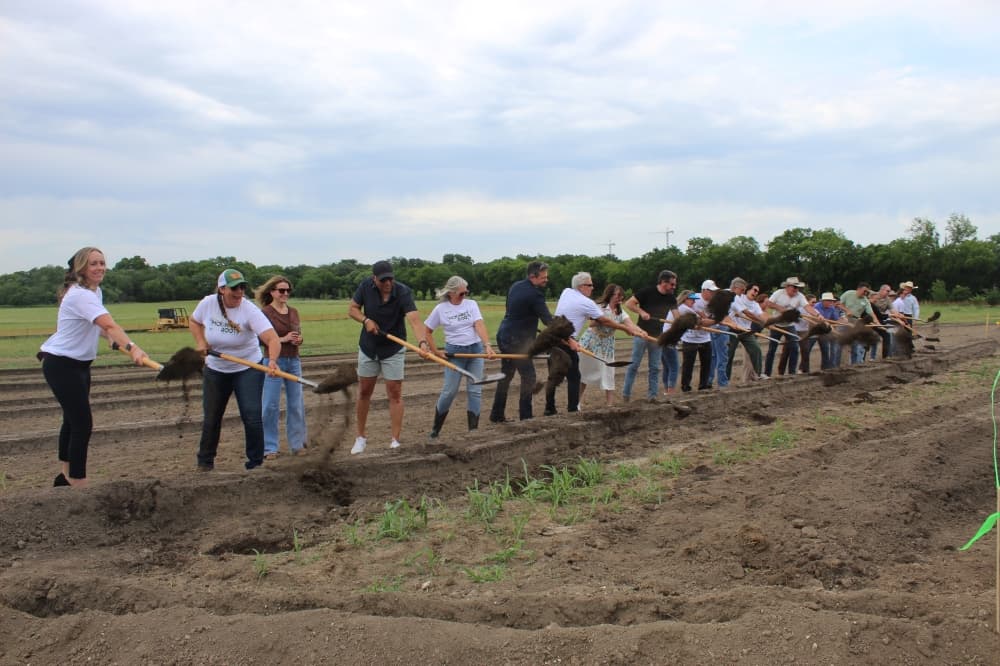Officials toss dirt into the air during a groundbreaking ceremony for the McKinney Roots community farm expansion