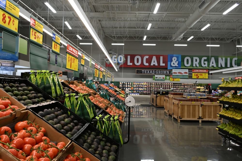 H-E-B sells a selection of produce, meats and seafood. 