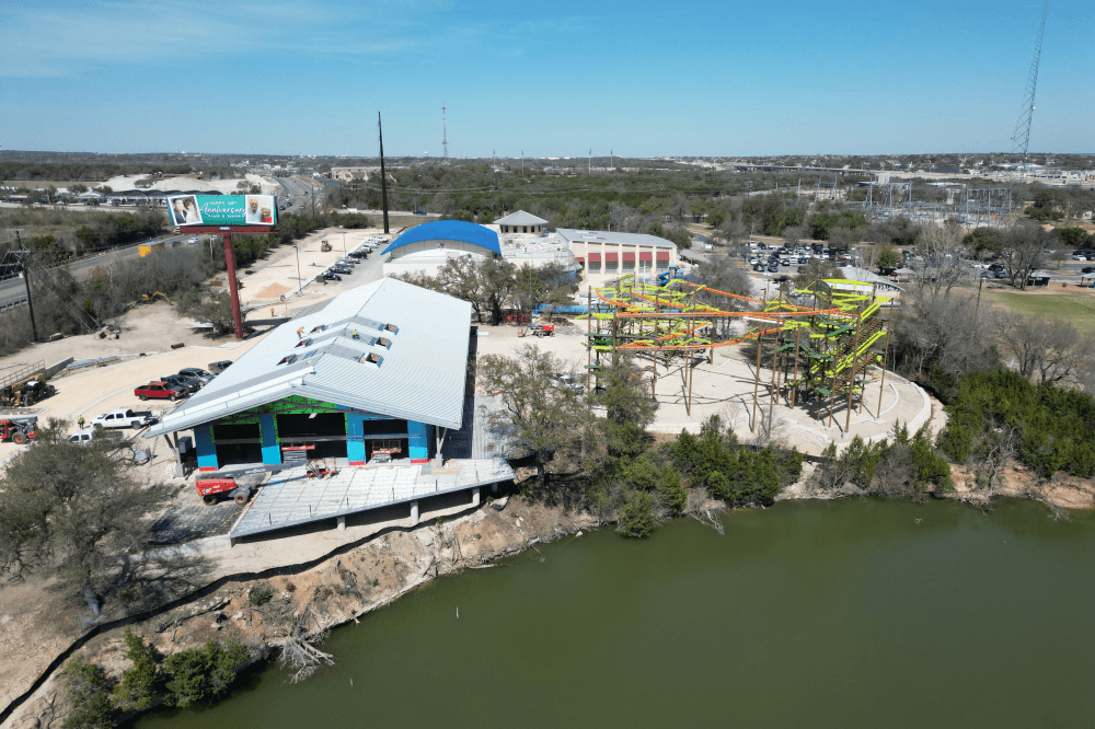 drone photo of pavilion and ropes course