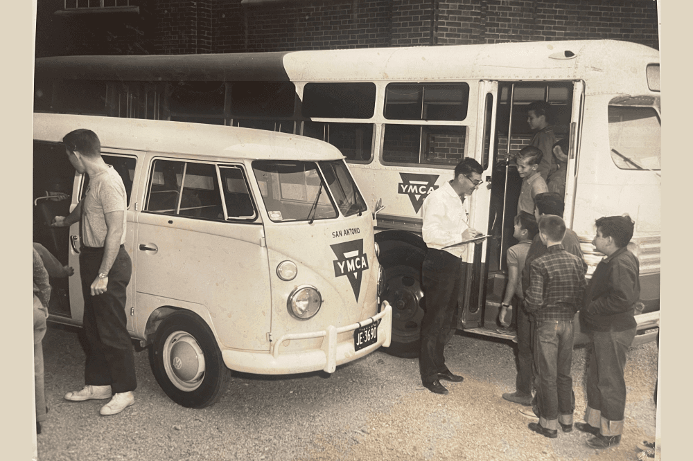 children by bus in vintage ymca photo