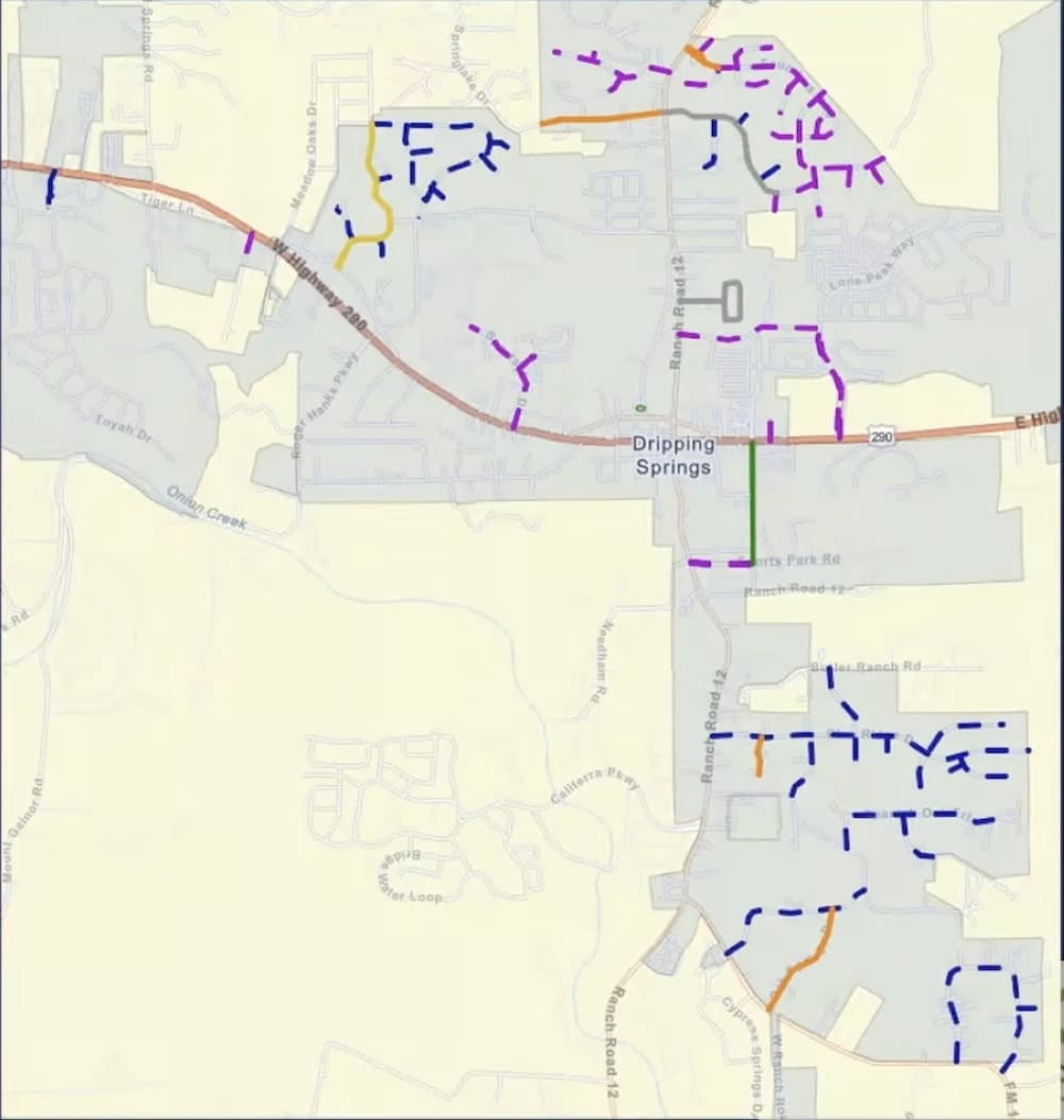 The map shows future road projects color coded by which year they will be completed in. 