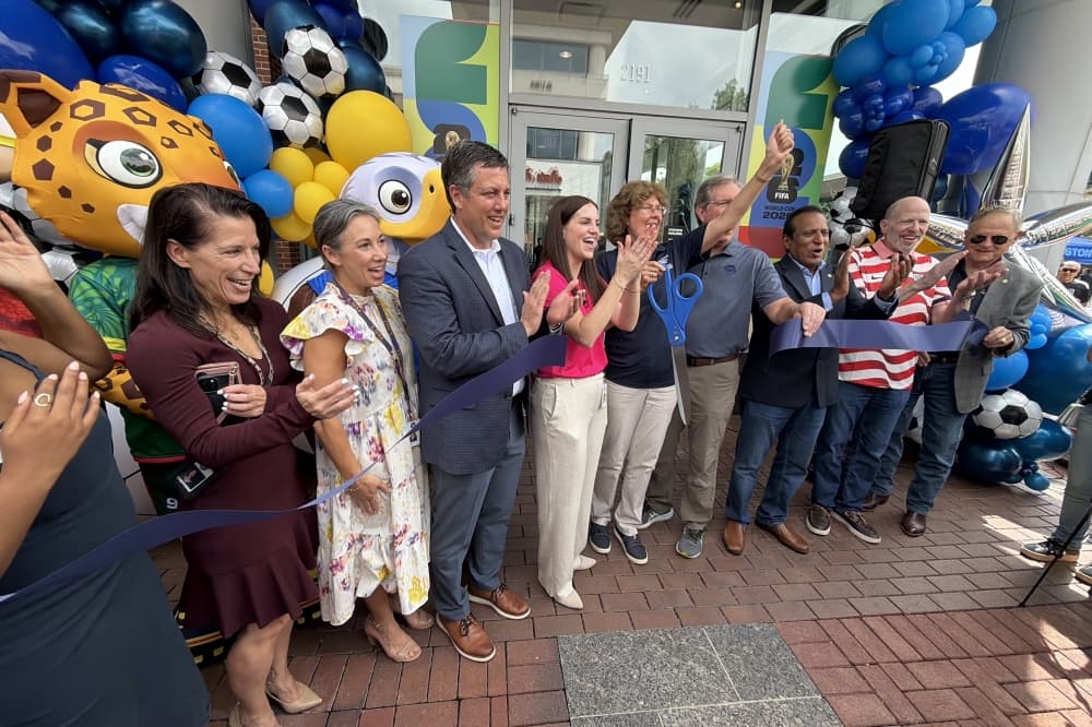 FIFA, Sugar Land and Fort Bend County officials came together June 4 to open the World Cup merchandise store. (Brad Dountz/Community Impact)