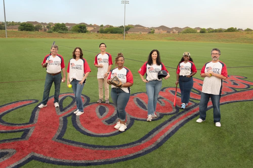 The Leander City Council wearing commemorative America 250 merchandise