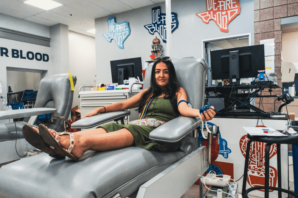 Volunteer donating blood at a We Are Blood donation center in Central Texas supporting hospitals, surgeries, trauma patients and emergency medical care.