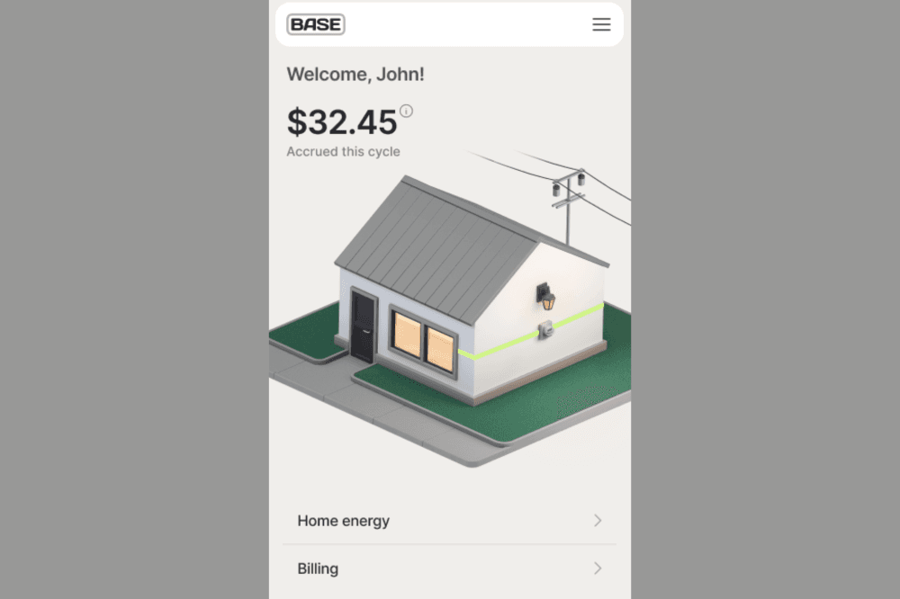 base energy home page showing low electricity bill