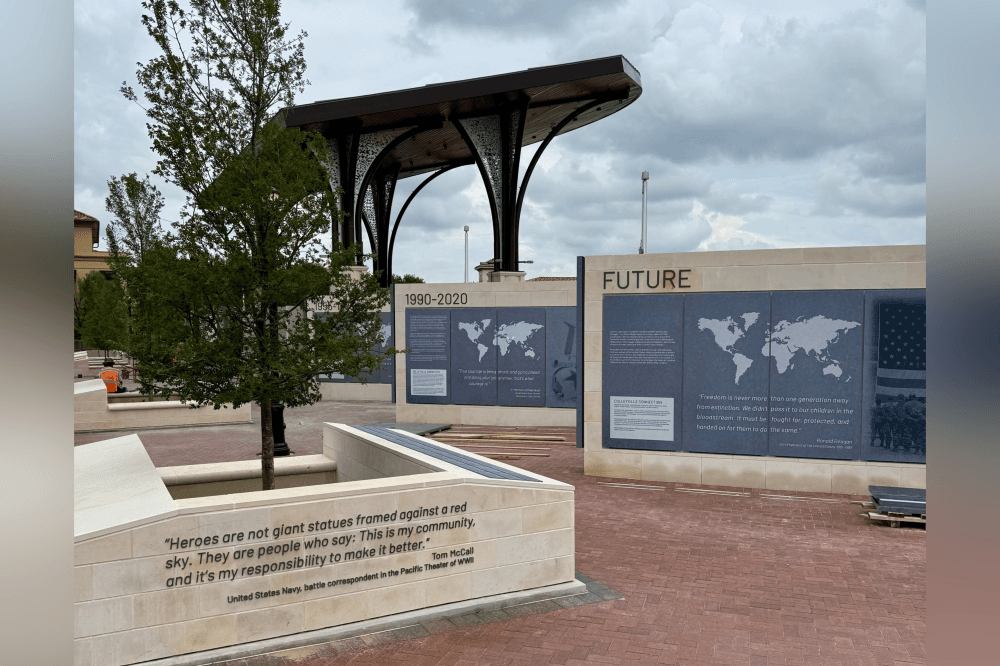 Eternal flame at Heroes Park in Colleyville honoring military veterans, community heroes and generations of service and sacrifice.