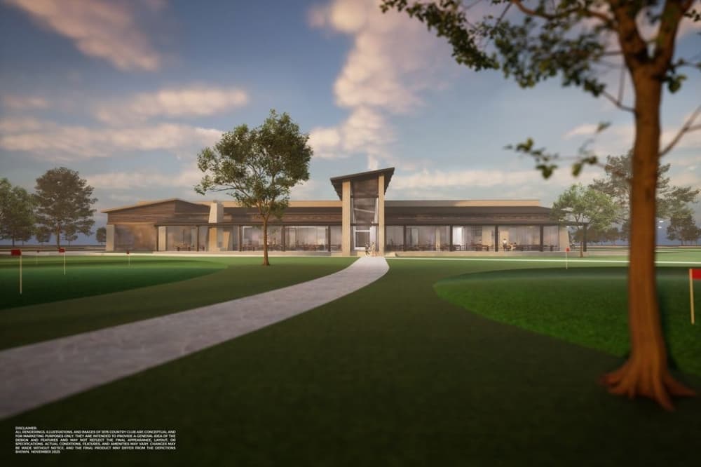 A rendering of a wide building with a walkway and trees