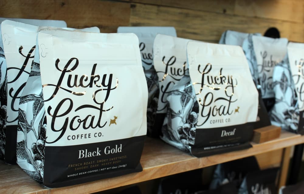 Lucky Goat Coffee Co. beans are sold by the bag. (Karen Chaney/Community Impact)