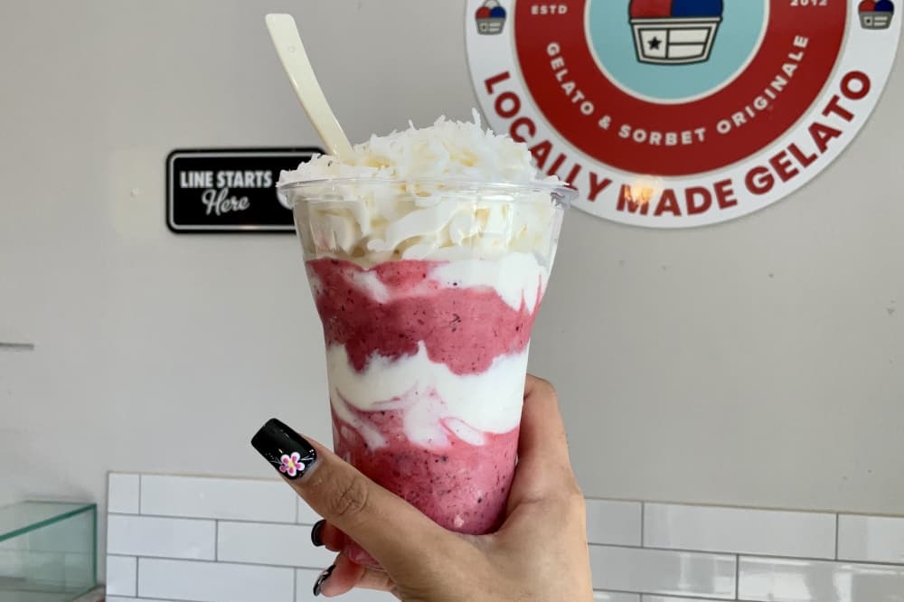 The gelati and soft serve as well as soft serve sundaes are now available at  both locations and includes a sorbet of choice scooped and layered with creamy, gelato soft served and topped with whipped cream and a topping. (Courtesy SweetCup Gelato and Sorbet Originale)