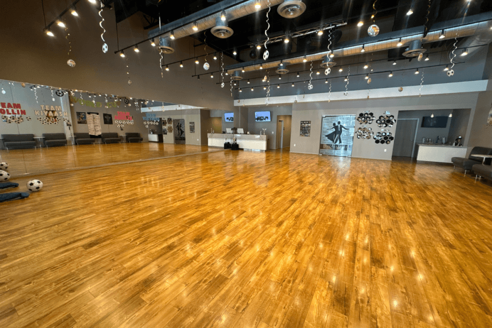Inside Fred Astaire Dance Studio where Puppy Yoga Club hosts its yoga classes