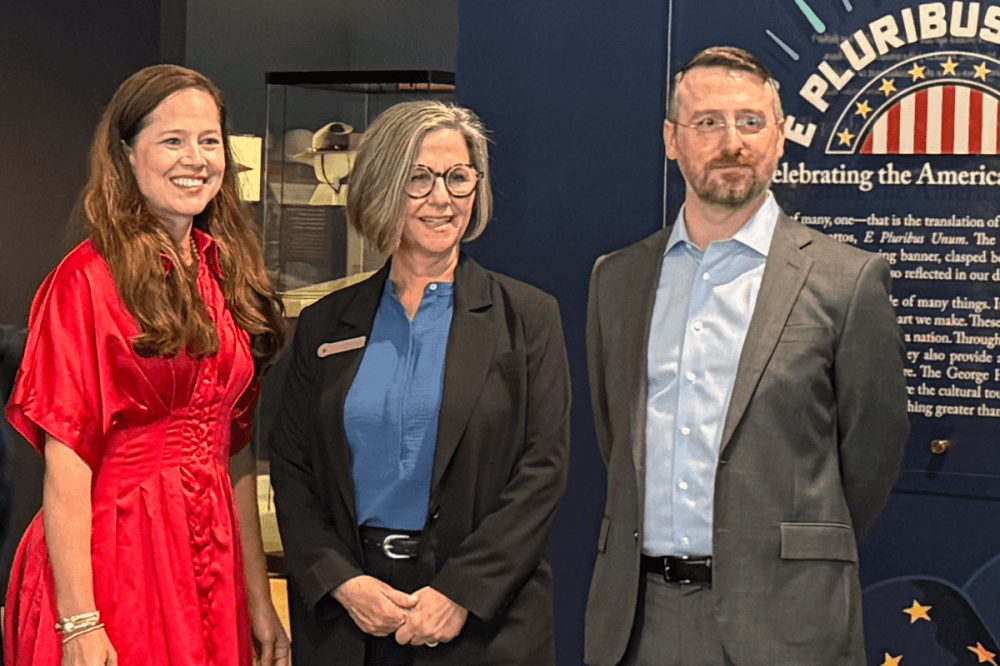 (Left to right) George & Barbara Bush Foundation CEO Alice Gonzalez Yates, George H.W. Bush Presidential Library and Museum Director Dawn Hammatt and Supervisory Curator Jay Patton unveiled the E Pluribus Unum: Celebrating the American Experience on July 2, ahead of America's 250th Independence Day. (Karley Cross/Community Impact)