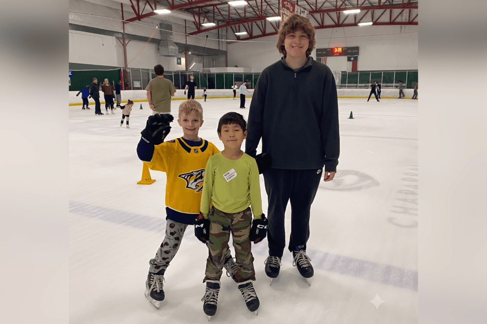 Youth hockey players practicing on the ice at Chaparral Ice in Austin during Learn to Play Hockey classes and youth hockey programs.