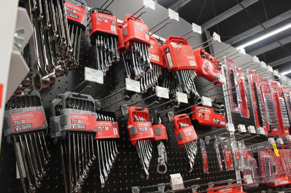 Close-up of a variety of wrenches for sale in the tool aisle