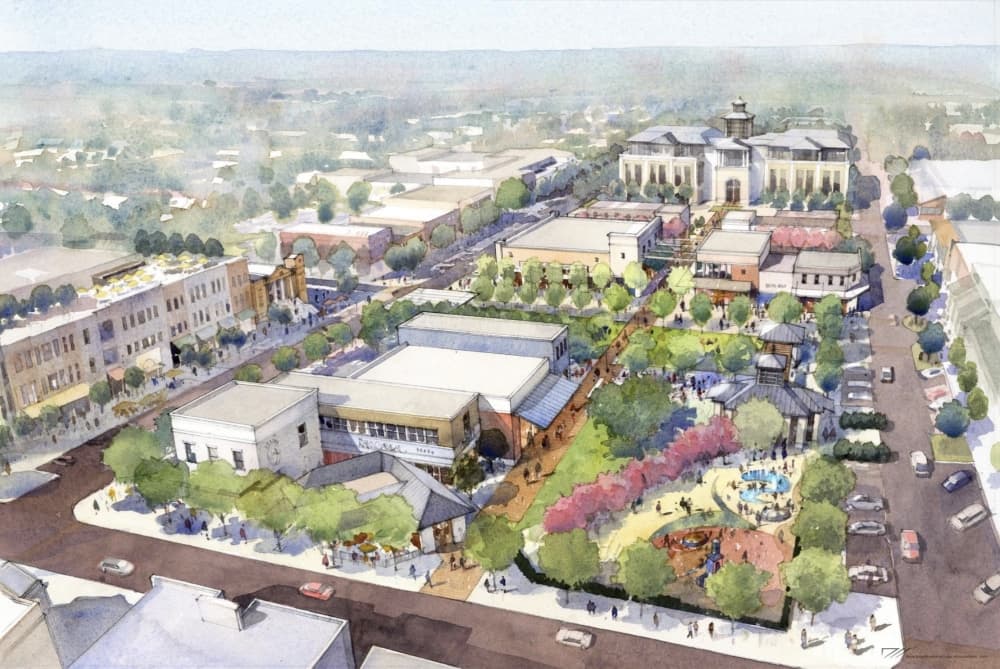 A watercolor-style rendering of downtown Celina, including a future city hall on Beech Street