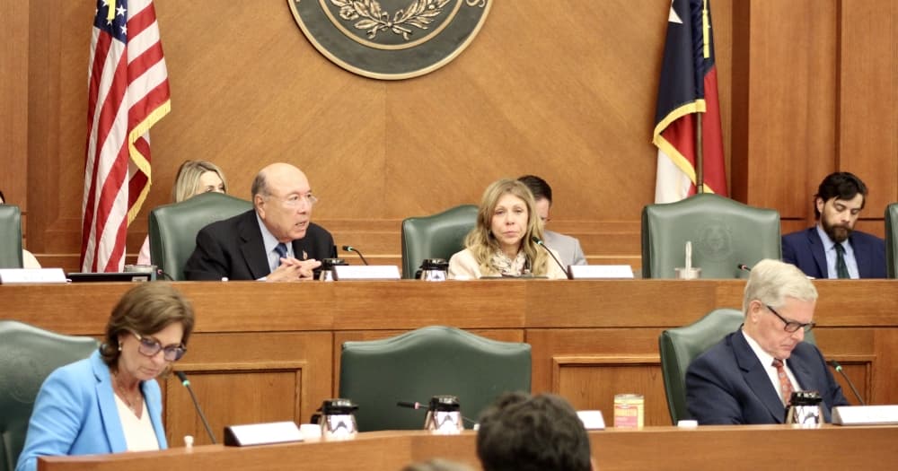 Senators sit at the dais during a committee hearing inside the Texas Capitol.