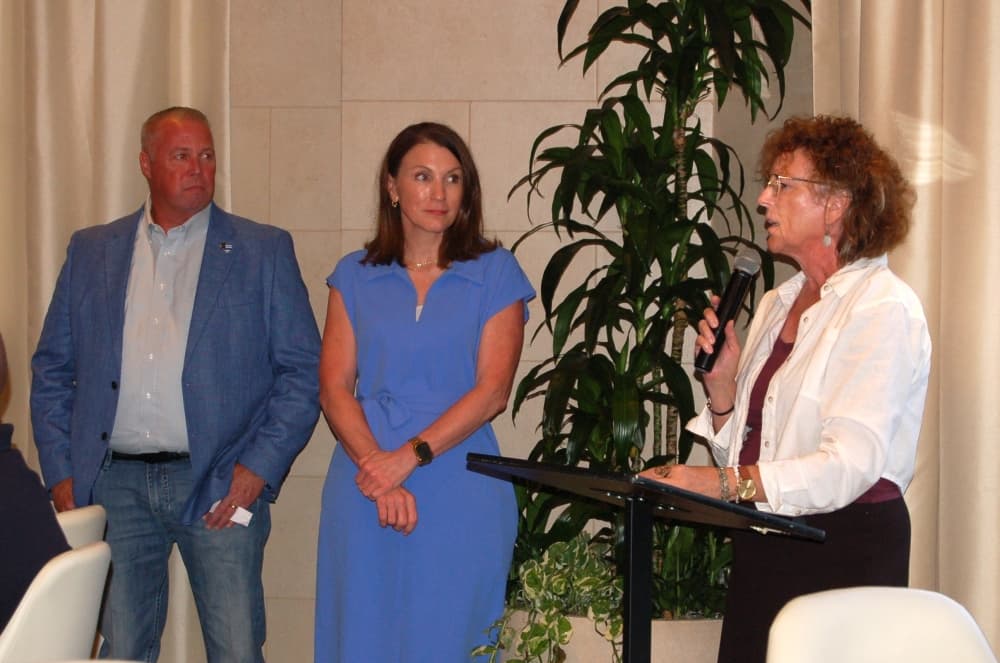 three people speak at an event