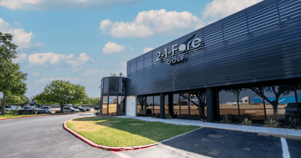 Exterior of 2-1-Fore Golf indoor golf simulator facility in Richardson, Texas, near North Central Expressway.