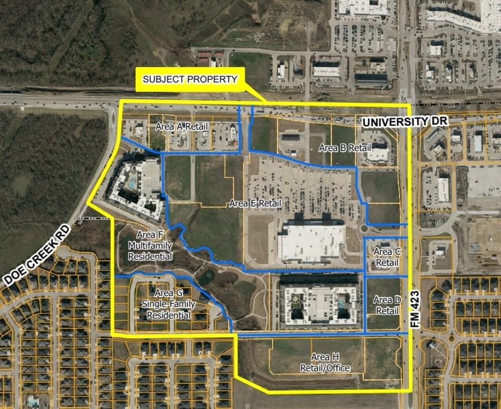 An overhead map detailing Frisco's Four Corners development. 