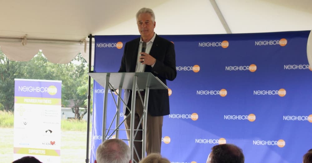David Woodyard, president and CEO of Catholic Charities Dallas, speaks during a groundbreaking event held Aug. 4 in McKinney. 