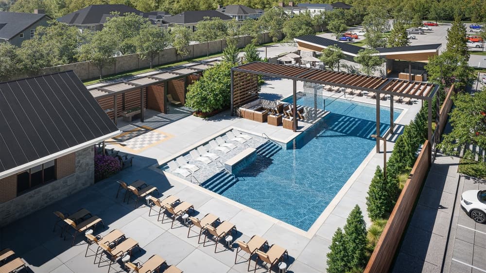 A rendering of a pool surrounded by trimmed hedges