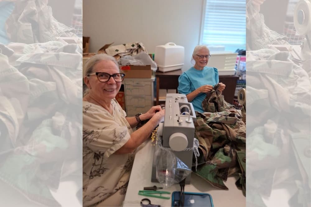 Grace Mennonite Fellowship sewing group repairs 140 boot camp uniform pockets in Bastrop County