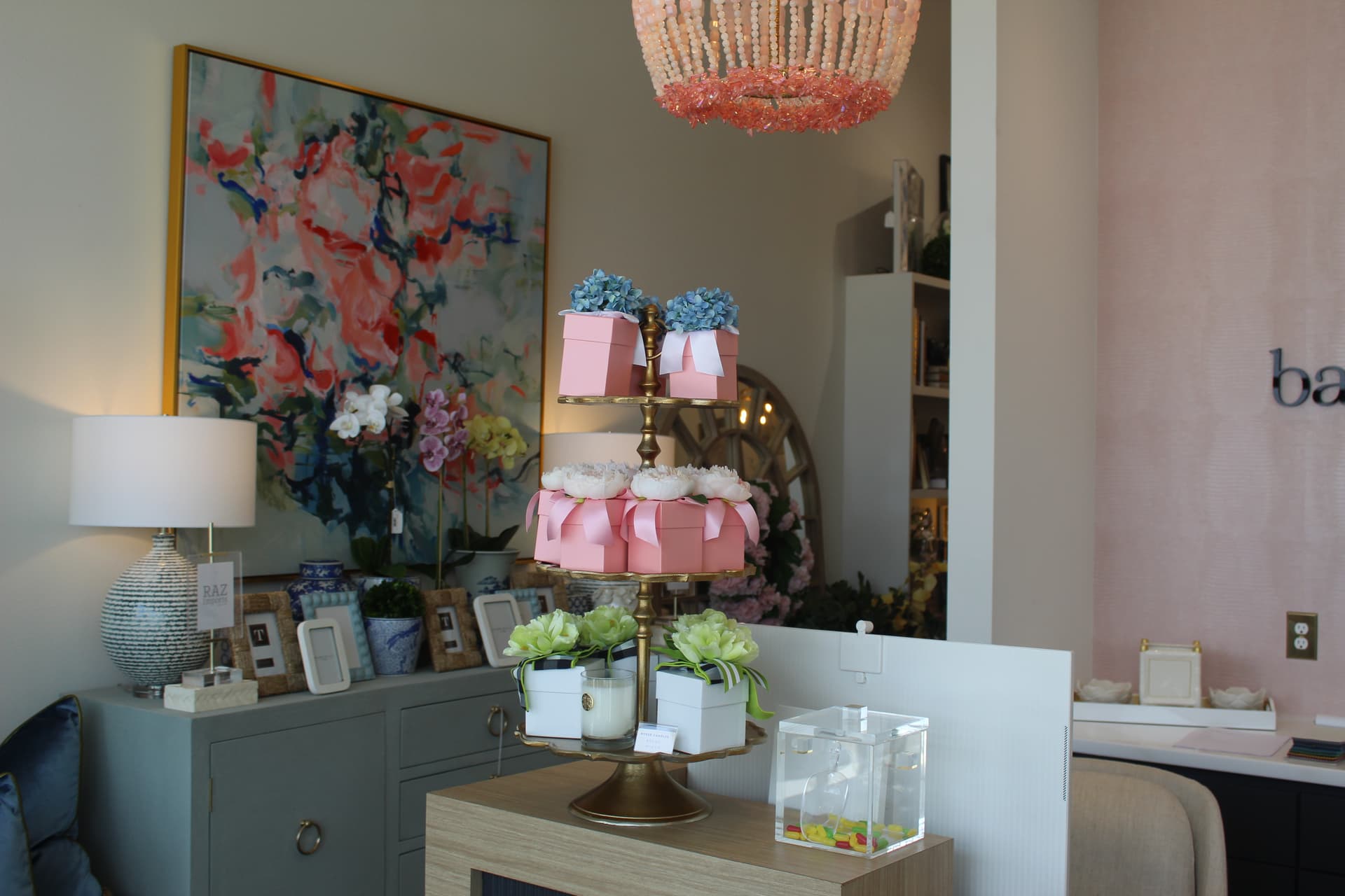 Interior of Barbie's House showing gift boxes at the front desk.