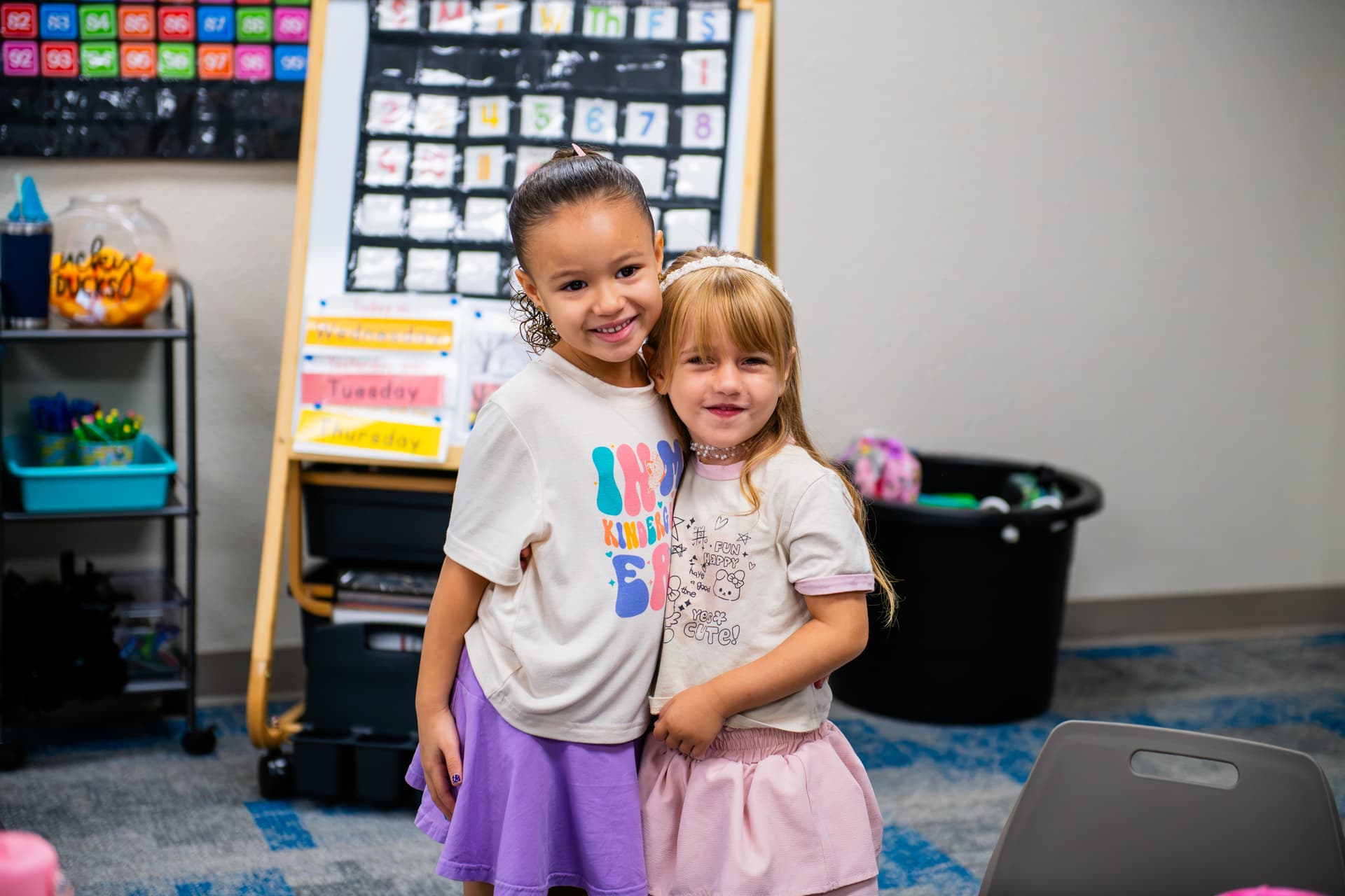 Members of Northwest ISD's kindergarten class get settled for the first day of school Aug. 12. (Sara Carpenter/Community Impact)