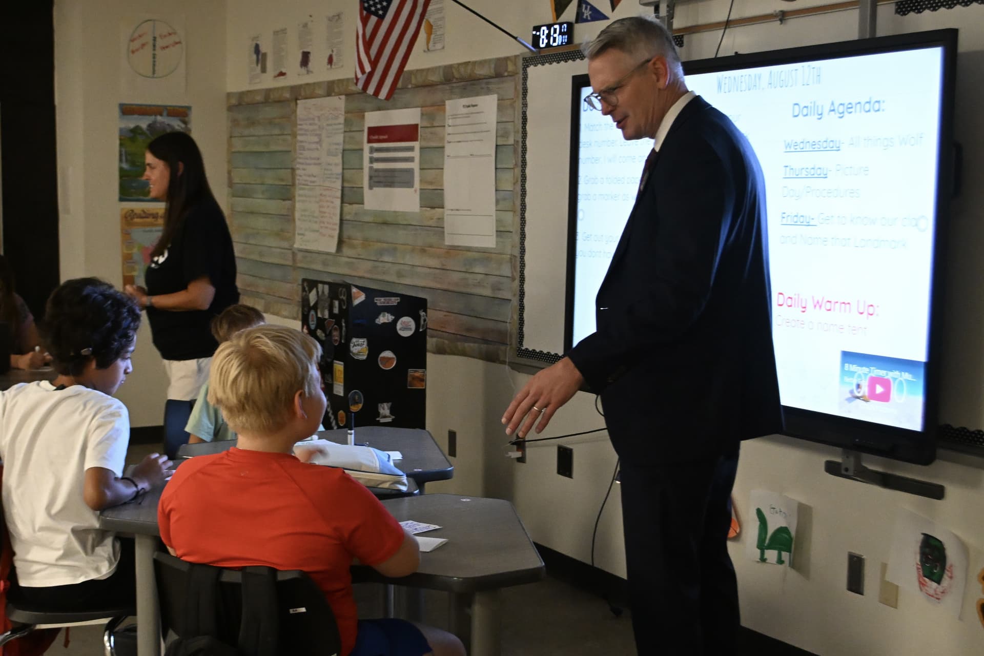 Superintendent Jason Adams meets students at Cross Timbers Middle School Aug. 12.