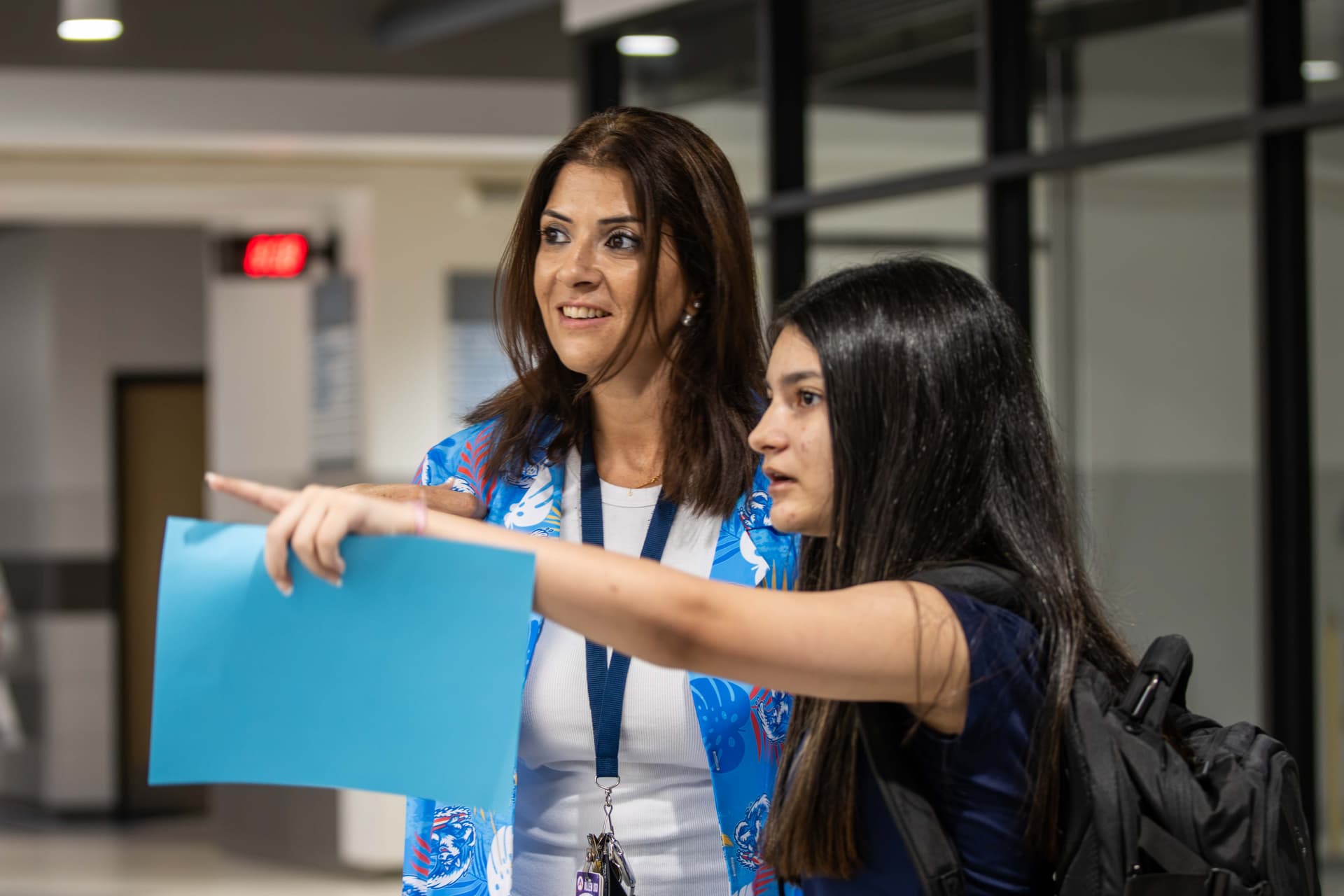 A student and a teacher at Ereckson Middle School