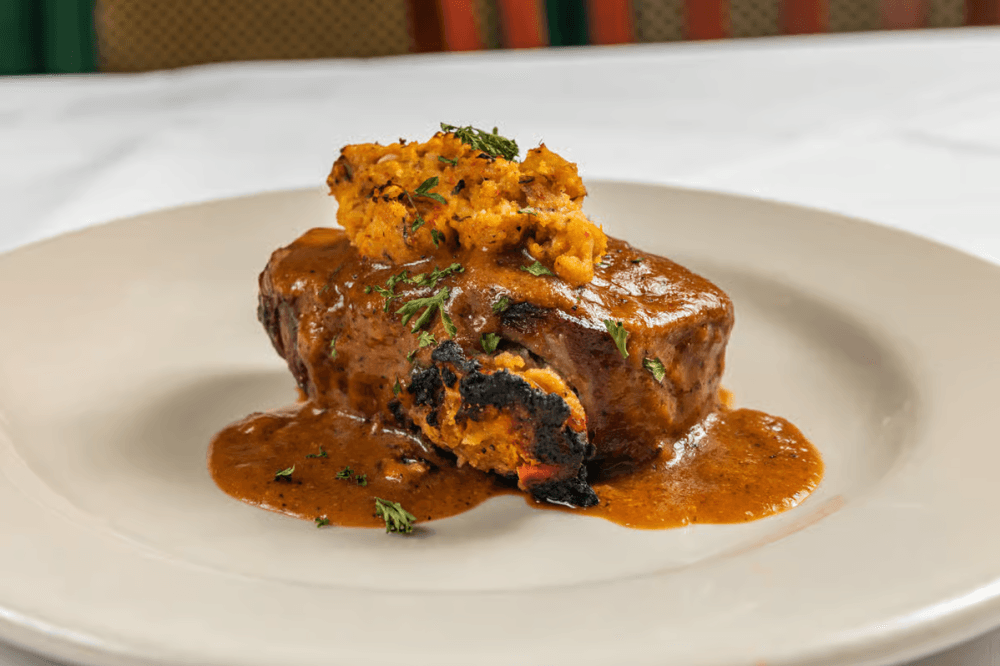 Randy's Steakhouse Crawfish Stuffed Filet ($49.95) features a stuffed filet with Ranyd's special crawfish stuffing, topped with a cognag bordelaise sauce. (Courtesy Randy Burks)
