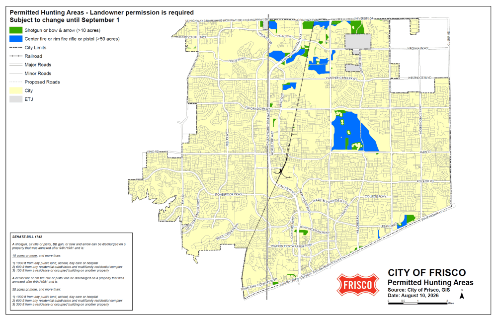Here is where dove hunting is allowed in FriBlue areas on the map represent land 50 acres or larger, and green areas represent land 10 acres or larger. (Courtesy city of Frisco)