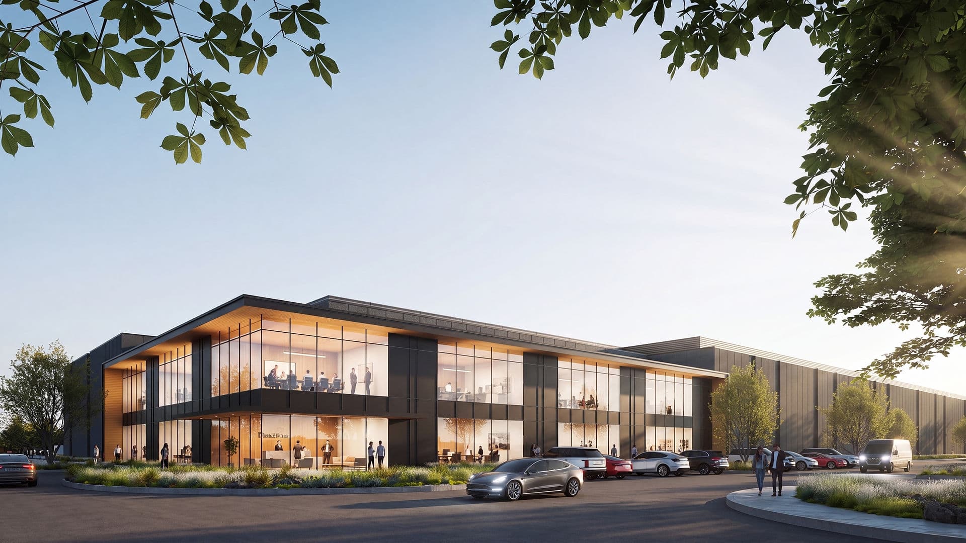 A rendering of a data center with large glass walls
