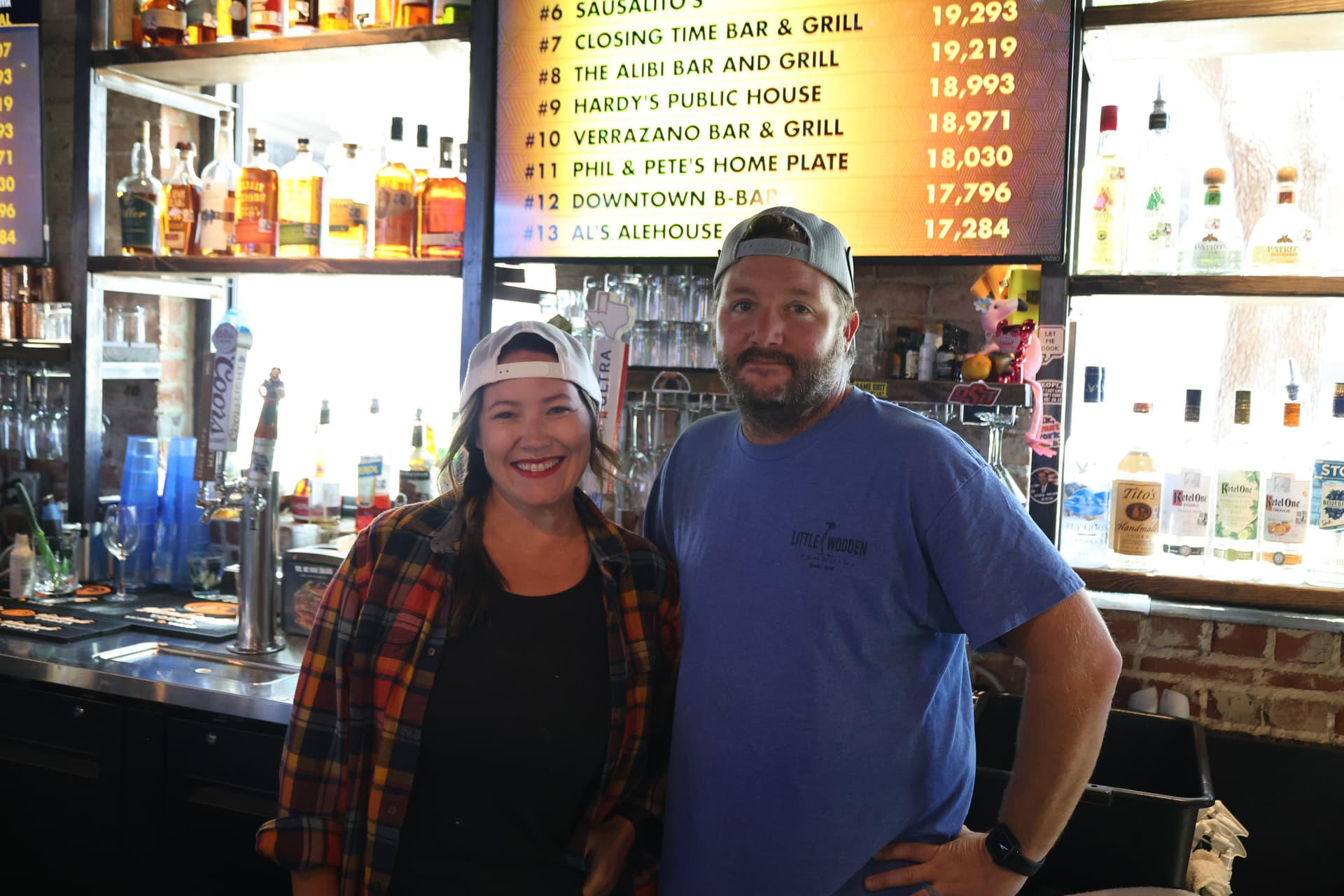 Business owners Katie Dunn and Taylor Witt said Nowhere Bar's identity is heavily influenced by its crowd of regular customers who help decorate with flags and stickers. (Jack Hintze/Community Impact)