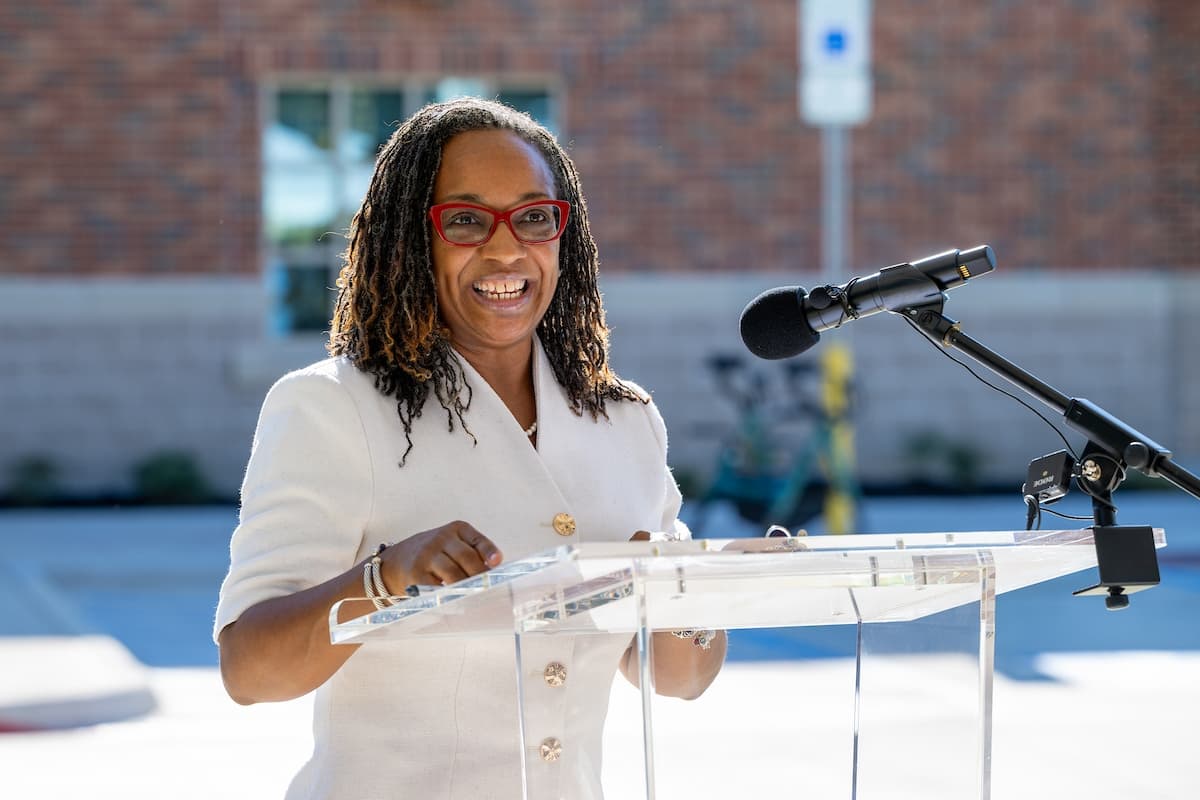 Chief Learning Officer Brandi Kenner speaks during the Bezos Academy ribbon-cutting ceremony Sept. 2. (Courtesy Erik Palos/Texas Woman’s University)