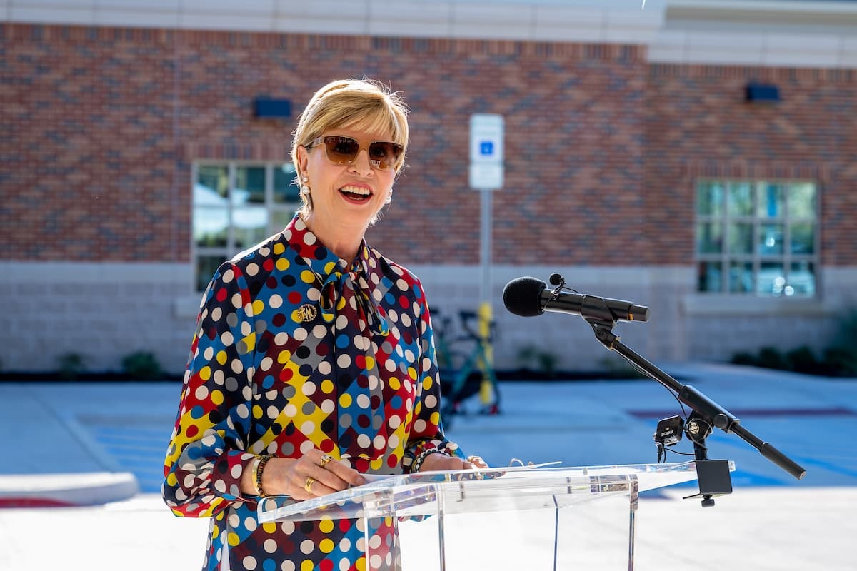 TWU Chancellor Carine Feyton speaks during the ceremony Sept. 2. The opening of Bezos Academy was through a partnership with TWU. (Courtesy Erik Palos/Texas Woman’s University)