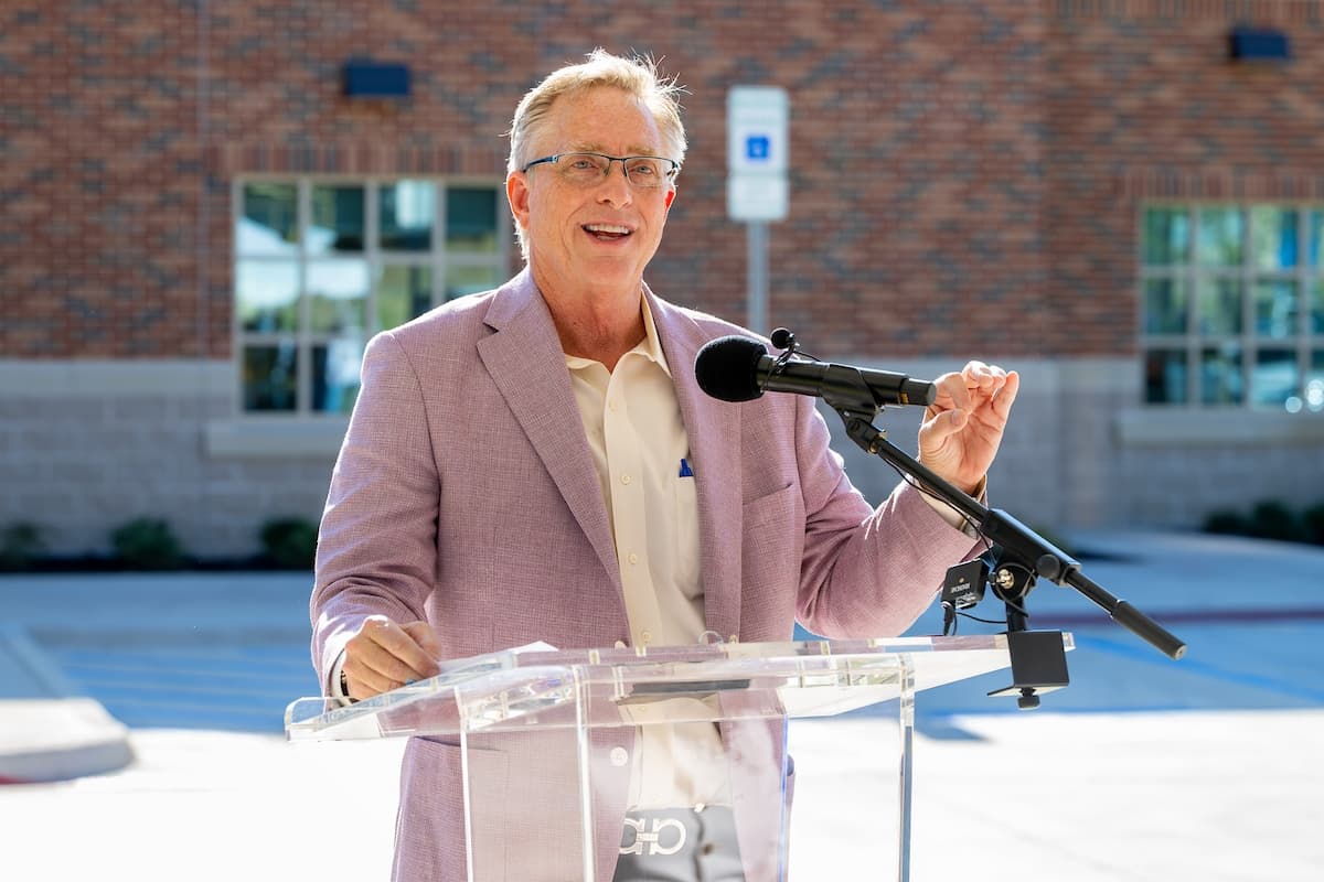 Denton Mayor Chris Watts speaks during the ribbon-cutting ceremony. The city of Denton contributed $1.5 million toward the school's construction. (Courtesy Erik Palos/Texas Woman’s University)